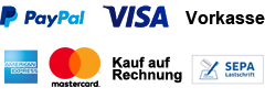 Paypal, Visa, Vorkasse, Amex, Mastercard, Kauf auf Rechnung, Sepa Lastschrift