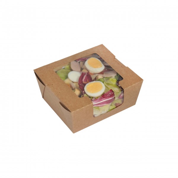 Salat/Snack-Box Kraft+PE mit Sichtfenster 13x13x5,5 innen PE beschichtet, auslaufsicher